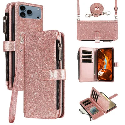 ASUWISH For iPhone 18 Pro Max / 17 Pro Max Case 10 Card Holder Glitter Leather Phone Cover with Crossbody Strap - Rose Gold
