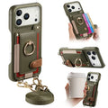 For iPhone 18 Pro Max / 17 Pro Max Case Card Holder Ring Kickstand Leather + PC Phone Cover with Shoulder Strap - Midnight Green