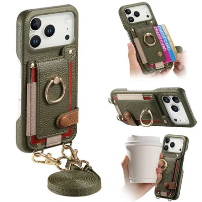 For iPhone 18 Pro Max / 17 Pro Max Case Card Holder Ring Kickstand Leather + PC Phone Cover with Shoulder Strap - Midnight Green