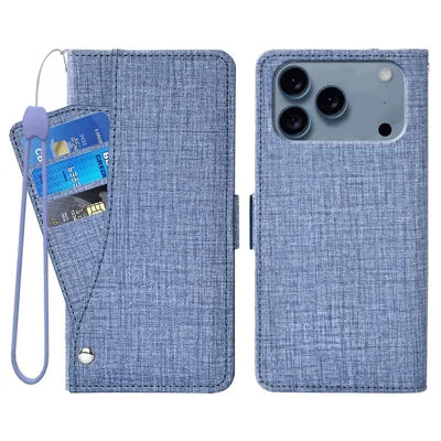 For iPhone 18 Pro Max / 17 Pro Max Case Jean Cloth Texture PU Leather Wallet Phone Cover with Rotating Card Slots - Blue