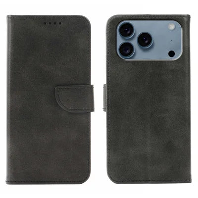 For iPhone 18 Pro Max / 17 Pro Max Case Wallet Stand Magnetic Clasp Closure Calf Texture Leather Phone Cover - Black