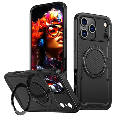 For iPhone 18 Pro Max / 17 Pro Max Case Compatible with MagSafe TPU + PC Phone Cover with Damping Rotating Stand - Black