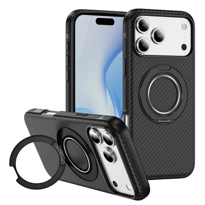 For iPhone 18 Pro Max / 17 Pro Max Case Compatible with MagSafe Carbon Fiber Texture PC + TPU Back Cover with Ring Kickstand - Black+Black