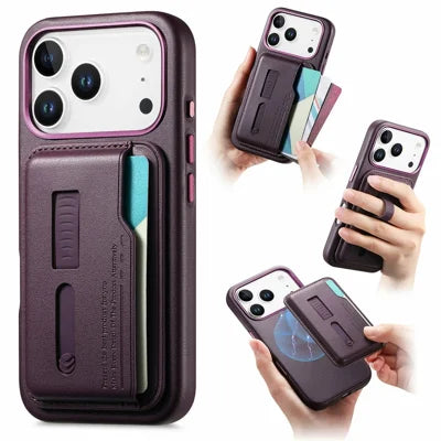 For iPhone 18 Pro Max / 17 Pro Max Case Compatible with MagSafe Detachable Card Bag with Finger Ring Strap PU Leather Coated TPU Phone Cover - Purple
