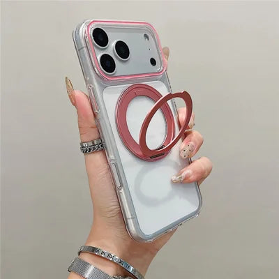 For iPhone 18 Pro Max / 17 Pro Max Case Compatible with MagSafe Rotating Kickstand Clear TPU Phone Cover - Pink
