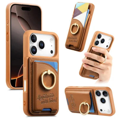 For iPhone 18 Pro Max / 17 Pro Max Case Card Holder Rhinestone Ring Holder Kickstand Leather Back Phone Cover - Brown