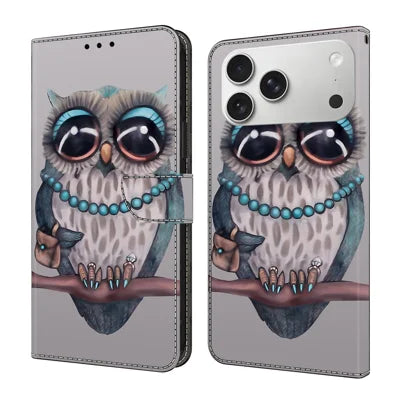 For iPhone 18 Pro Max / 17 Pro Max Case Foldable Stand Wallet Pattern Printing PU Leather Flip Phone Cover - Necklace Owl