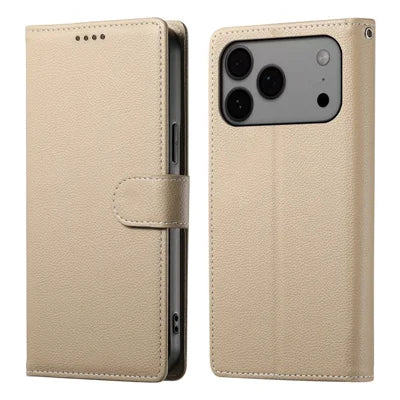Bulk Purchasing For iPhone 18 Pro Max / 17 Pro Max Leather Case Magnetic Snap Litchi Texture Wallet Phone Cover with Wrist Strap - Apricot