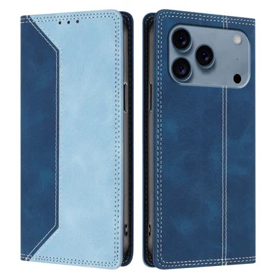 For iPhone 18 Pro Max / 17 Pro Max Leather Case Skin Touch Color Splicing RFID Blocking Wallet Stand Phone Cover - Dark Blue / Blue