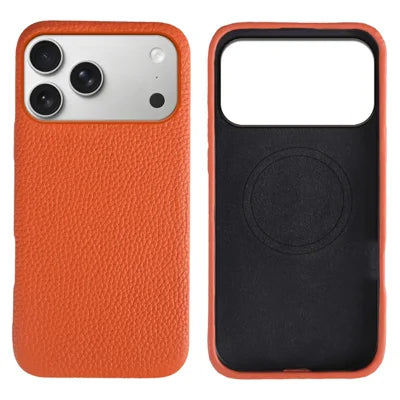 For iPhone 18 Pro Max / 17 Pro Max Case Compatible with MagSafe Litchi Texture Genuine Cow Leather + PC Phone Cover - Orange