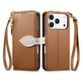 For iPhone 18 Pro Max / 17 Pro Max Stand Case Leaf Shape Magnetic Clasp Leather Phone Cover with Hand Strap - Brown