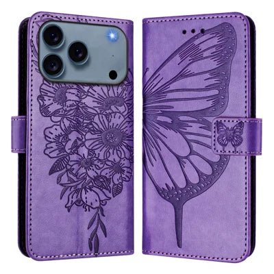 For iPhone 18 Pro Max / 17 Pro Max Wallet Case with Wrist Strap Butterfly Imprint Leather Phone Cover - Purple