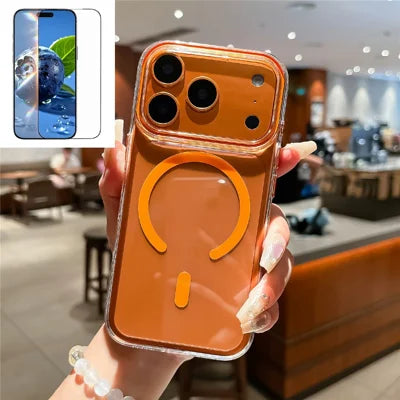 For iPhone 18 Pro Max / 17 Pro Max Crystal Clear Case Compatible with MagSafe Hard PC Phone Cover with Tempered Glass Film  - Orange