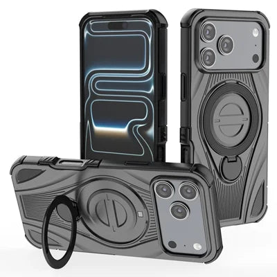 For iPhone 18 Pro Max / 17 Pro Max Magnetic Case Rotating Kickstand TPU PC Shockproof Phone Back Cover  - Black