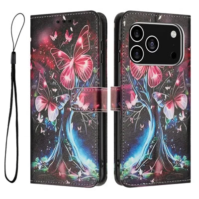 Bulk Purchasing For iPhone 18 Pro Max / 17 Pro Max Wallet Case Pattern Printing PU Leather Phone Cover with Lanyard - Butterfly Tree