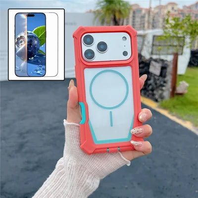 For iPhone 18 Pro Max / 17 Pro Max Case Compatible with MagSafe Dual Color Design Shockproof Phone Cover with Tempered Glass Film - Orange / Blue