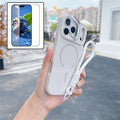 For iPhone 18 Pro Max / 17 Pro Max Magnetic Case TPU + PC Lens Kickstand Phone Cover with Tempered Glass and Strap Compatible with MagSafe - White