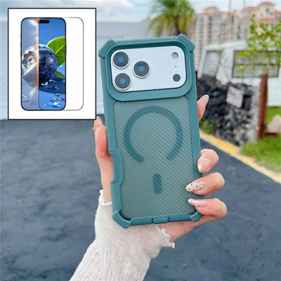 For iPhone 18 Pro Max / 17 Pro Max Magnetic Case Carbon Fiber Texture TPU Protective Phone Cover With Tempered Glass  Compatible with MagSafe  - Blackish Green