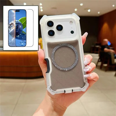 For iPhone 18 Pro Max / 17 Pro Max Magnetic Case Glitter Powder TPU  + Acrylic Drop-proof Phone Cover with Tempered Glass Compatible with MagSafe - Transparent Black