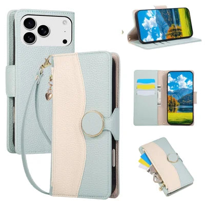 For iPhone 18 Pro Max / 17 Pro Max Case Zipper Wallet Color Splicing TPU PU Leather Flip Phone Cover with Strap - Green