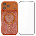 For iPhone 18 Pro Max / 17 Pro Max Magnetic Case Rhinestone Design TPU PC Protective Phone Cover with Tempered Glass Compatible with MagSafe - Orange
