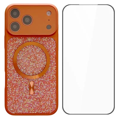 For iPhone 18 Pro Max / 17 Pro Max Magnetic Case Rhinestone Design TPU PC Protective Phone Cover with Tempered Glass Compatible with MagSafe - Orange