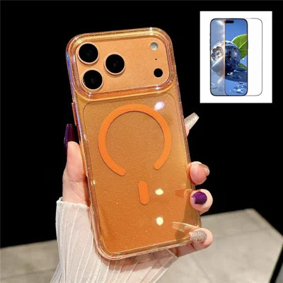 For iPhone 18 Pro Max / 17 Pro Max Magnetic Case Dazzling PC Shockproof Phone Cover with Tempered Glass Compatible with MagSafe - Transparent Orange