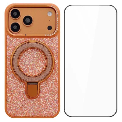 For iPhone 18 Pro Max / 17 Pro Max Magnetic Case Glitter Design Ring Kickstand TPU + Acrylic Phone Cover with Screen Protector - Orange