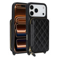 For iPhone 18 Pro Max / 17 Pro Max Case Ring Holder Zipper Pocket Kickstand Leather Back Phone Cover with Shoulder Strap - Black