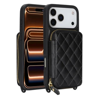 For iPhone 18 Pro Max / 17 Pro Max Case Ring Holder Zipper Pocket Kickstand Leather Back Phone Cover with Shoulder Strap - Black