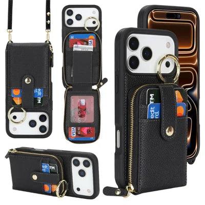 For iPhone 18 Pro Max / 17 Pro Max Case with Zipper Pouch  /  Ring Kickstand  /  Strap Litchi Texture PU + TPU Phone Cover - Black
