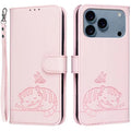 For iPhone 18 Pro Max / 17 Pro Max Case RFID Blocking Wallet Stand Imprinted Cat Pattern Leather Flip Phone Cover with Wrist Strap - Pink