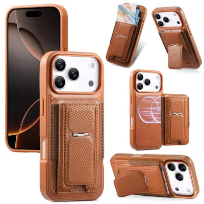 CASENEO For iPhone 18 Pro Max / 17 Pro Max Case with Foldable Kickstand TPU PU Leather PC Card Bag Magnetic Phone Cover  Compatible with MagSafe - Brown
