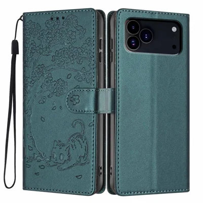 For iPhone 18 Pro Max / 17 Pro Max Stand Case Tree-and-Cat Pattern PU Leather Wallet Protective Phone Cover with Wrist Strap - Blackish Green