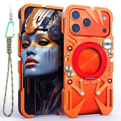 For iPhone 18 Pro Max / 17 Pro Max Bumper Case Kickstand Aluminum Alloy Magnetic Phone Cover with Wrist Strap Compatible with MagSafe - Orange
