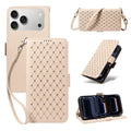 For iPhone 18 Pro Max / 17 Pro Max Leather Case Rhinestone Decor Rhombus Pattern Wallet Stand Flip Phone Cover with Straps - Apricot