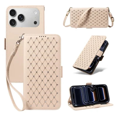 For iPhone 18 Pro Max / 17 Pro Max Leather Case Rhinestone Decor Rhombus Pattern Wallet Stand Flip Phone Cover with Straps - Apricot