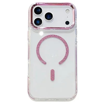 For iPhone 18 Pro Max / 17 Pro Max Magnetic Case Glitter Edge TPU + PC Clear Back Phone Cover Compatible with MagSafe - Pink