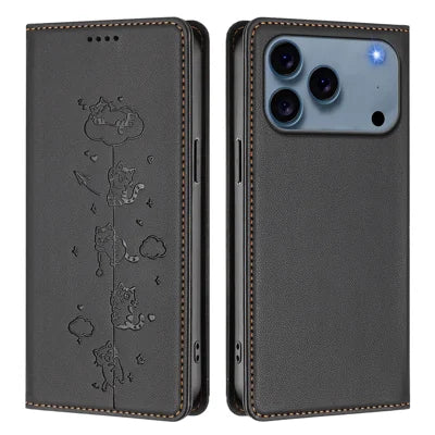 For iPhone 18 Pro Max / 17 Pro Max Case RFID Blocking Wallet Stand Imprinted Cat Pattern Leather Phone Cover - Black