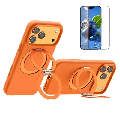 For iPhone 18 Pro Max / 17 Pro Max Magnetic Case Liquid Silicone TPU Phone Back Cover with Kickastand and Tempered Glass Compatible with MagSafe - Orange