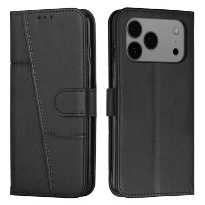 Bulk Purchasing For iPhone 18 Pro Max / 17 Pro Max Leather Case Calf Texture Foldable Stand Wallet Flip Phone Cover with Strap - Black