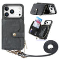 For iPhone 18 Pro Max / 17 Pro Max PU Leather Phone Back Cover with Zipper Card Holder and Long Strap - Black