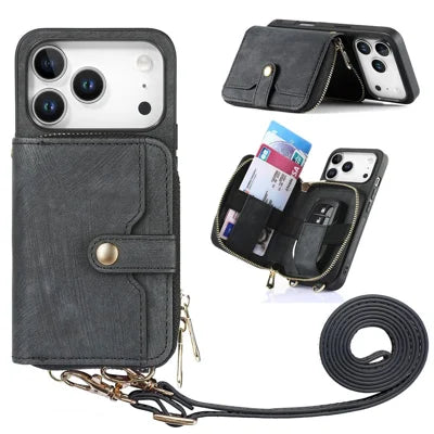 For iPhone 18 Pro Max / 17 Pro Max PU Leather Phone Back Cover with Zipper Card Holder and Long Strap - Black
