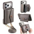 For iPhone 18 Pro Max / 17 Pro Max Case Card Holder Kickstand PU Leather + PC Phone Cover with Mirror and Crossbody Lanyard - Grey