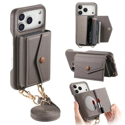 For iPhone 18 Pro Max / 17 Pro Max Case Card Holder Kickstand PU Leather + PC Phone Cover with Mirror and Crossbody Lanyard - Grey