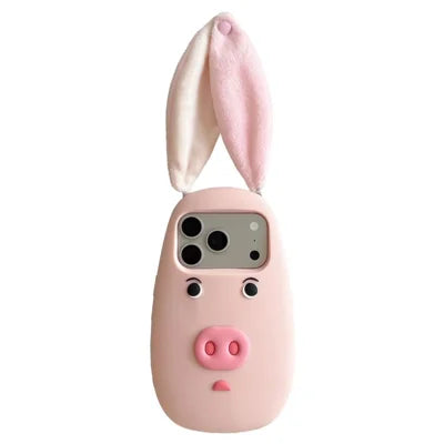 For iPhone 18 Pro Max / 17 Pro Max Silicone Case Cute 3D Cartoon Pig Face Plush Cloth Ears Shockproof Phone Back Cover - Pink