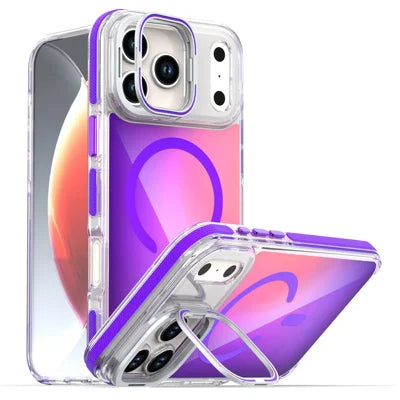 For iPhone 18 Pro Max / 17 Pro Max Magnetic Case Fluorescent Design TPU Acrylic Phone Back Cover with Lens Frame Kickstand - Purple