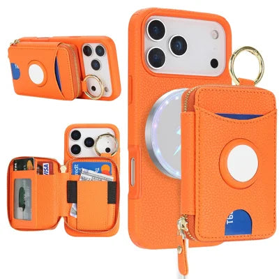For iPhone 18 Pro Max / 17 Pro Max Case PU Leather Coated TPU Phone Cover with Magnetic Detachable Wallet for AirTag - Orange