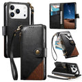 For iPhone 18 Pro Max / 17 Pro Max Case Color Splicing TPU PU Leather Flip Shockproof Phone Cover with Wrist Strap - Black