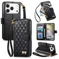 For iPhone 18 Pro Max / 17 Pro Max Stand Case Imprint TPU PU Leather Zipper Pocket Wallet Phone Cover with Strap - Black